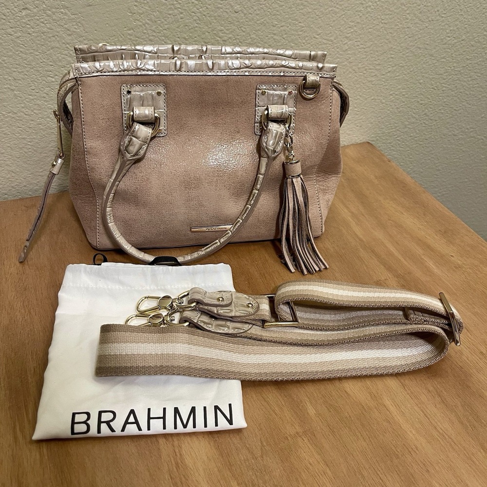Brahmin Mini Schooner Bag Woven Guitar Crossbody Strap Dust Bag Taupe Beige EUC